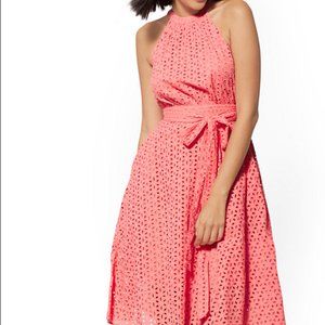 Coral Eyelet Halter Flare Dress